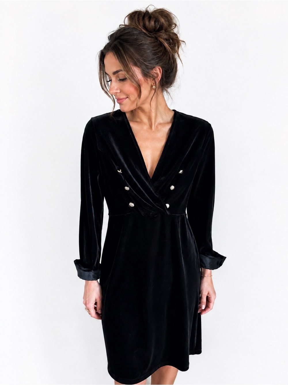 Black Velvet V-Neck Long Sleeve Dress with Decorative Buttons